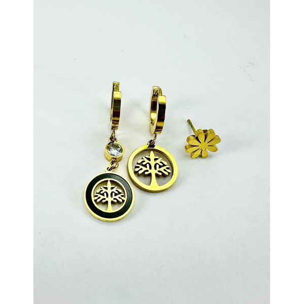 Gold Hayat Ağacı Detaylı Üçlü Küpe